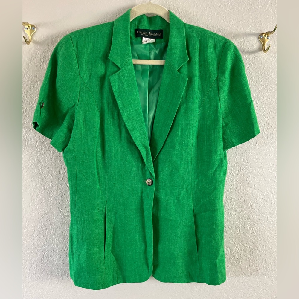 Harve’ Benard Size 10 100% Linen Kelly Green Short Sleeve One Button Blazer